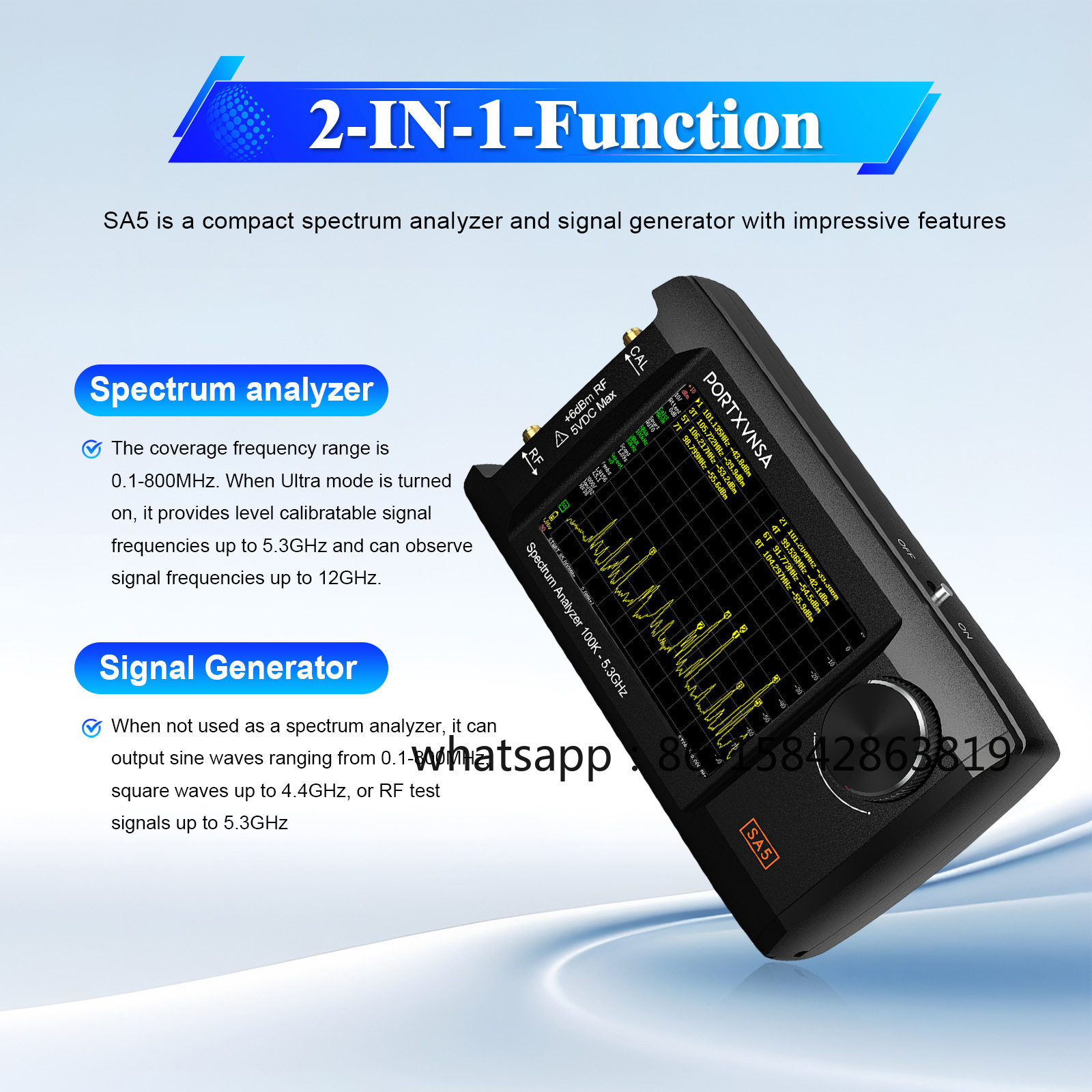 Signal Generator Spectrum Analyzer - SA5 Tragbarer Spektrumanalysator, 100kHz-5,3GHz HF-Signalgenerator, 4-Zoll-IPS-Display,
