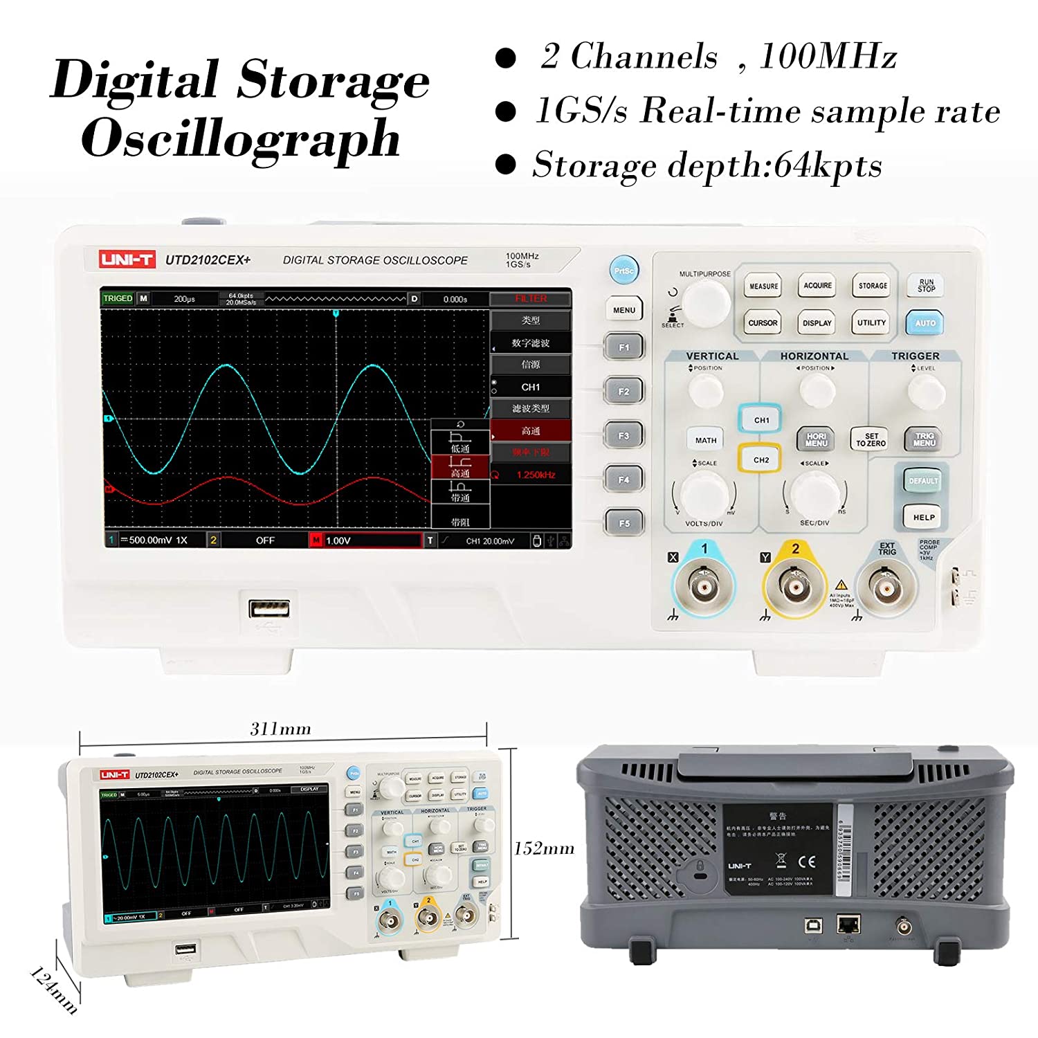 UTD2102CEX+ Hochpräzises 100MH – Digital Storage Oscilloscope 100Mhz Bewertung und Preis